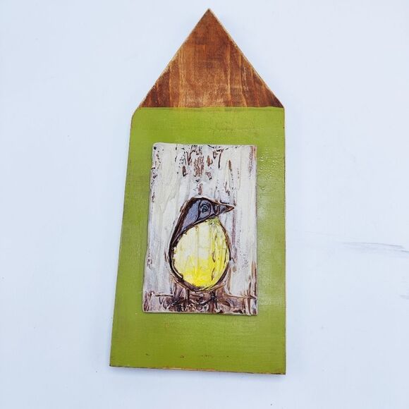 HAND Painted Bird on Wood Birdhouse Mixed Media Painting Green Natural - Picture 4 of 10